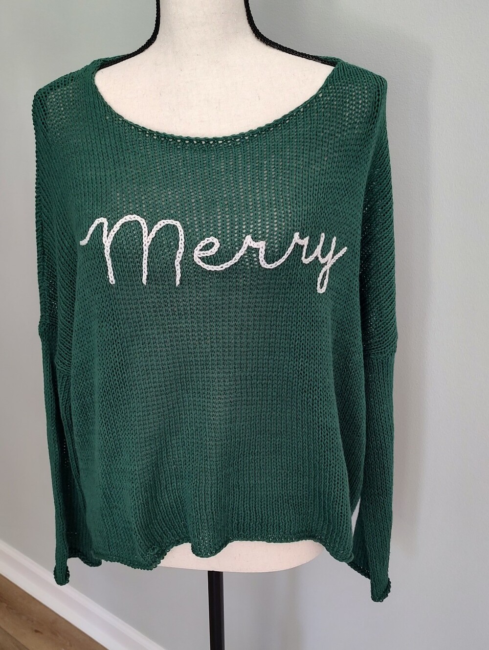 Wooden Ships Green Merry Crewneck Cotton Blend Holiday Christmas Sweater S/M